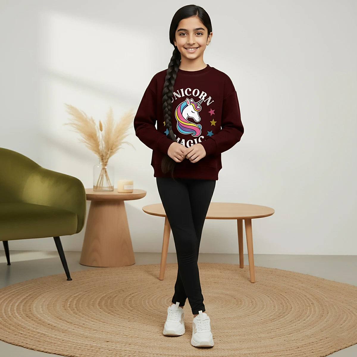Girls Maroon Unicorn Magic Graphics Round Neck Sweatshirt Sweatshirts & Hoodies Maroon 3-4 Y