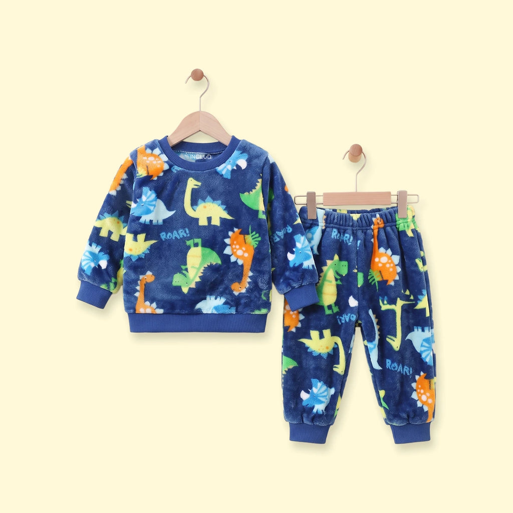 Boys Dark Blue Dinosaur Print Fleece Sweatshirt With Pants Sets 2 pc. Sets Dark Blue 1-2 Y