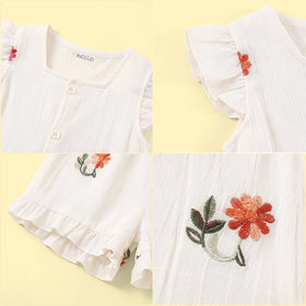 Girls Off White Floral Embroidered Top With Shorts Sets 2 pc. Sets
