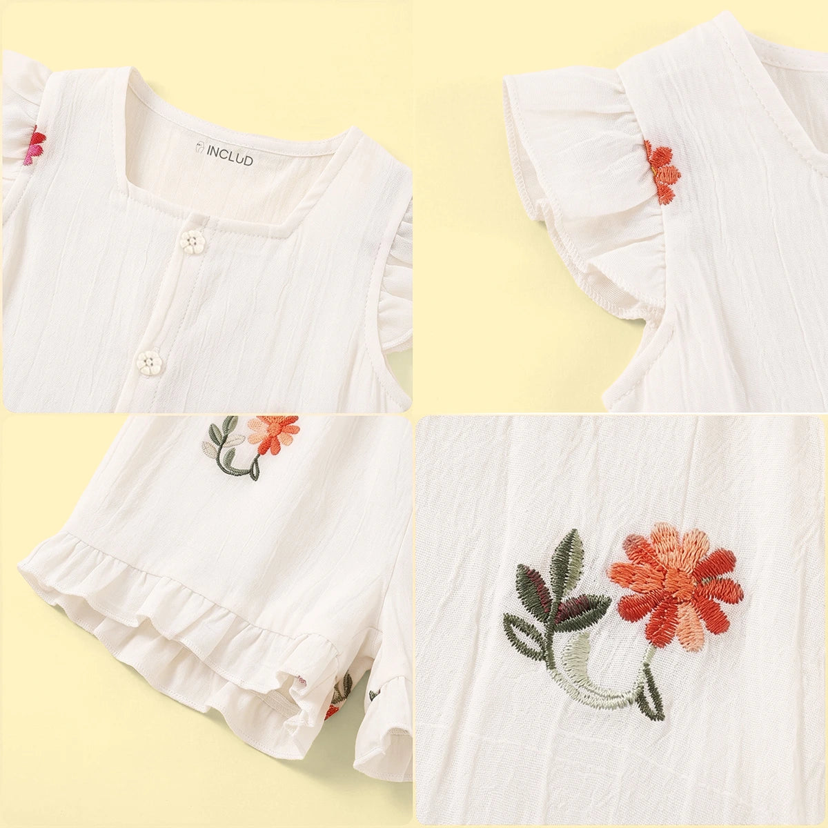 Girls Off White Floral Embroidered Top With Shorts Sets 2 pc. Sets