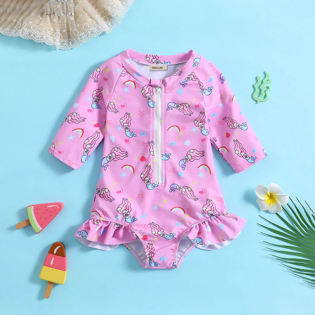 Girls Pink Mermaid Printed Half Zipper Swimwear Bodysuit Beachwear Pink 1-2 Y
