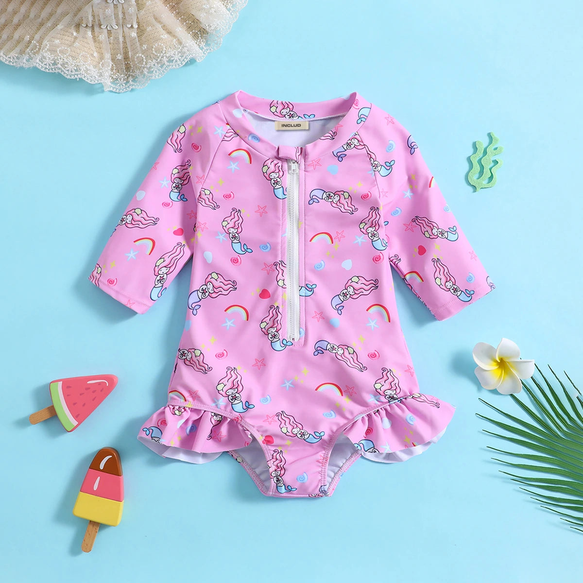 Girls Pink Mermaid Printed Half Zipper Swimwear Bodysuit Beachwear Pink 1-2 Y