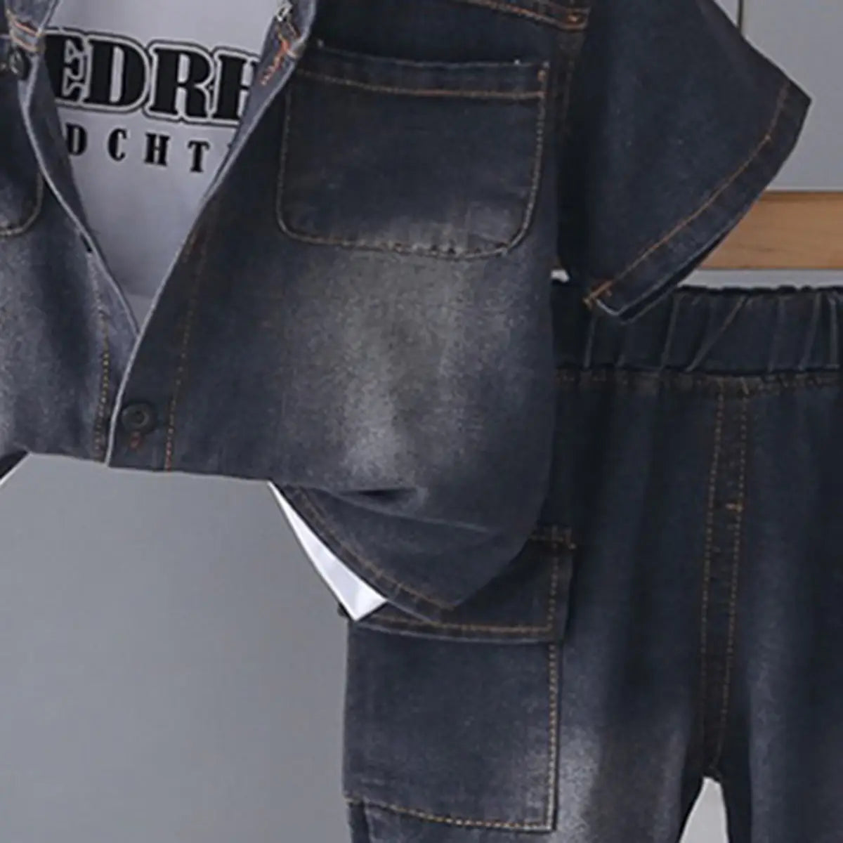 Boys Black Denim Shirt & Cargo Shorts With Printed T-Shirt Sets Sets
