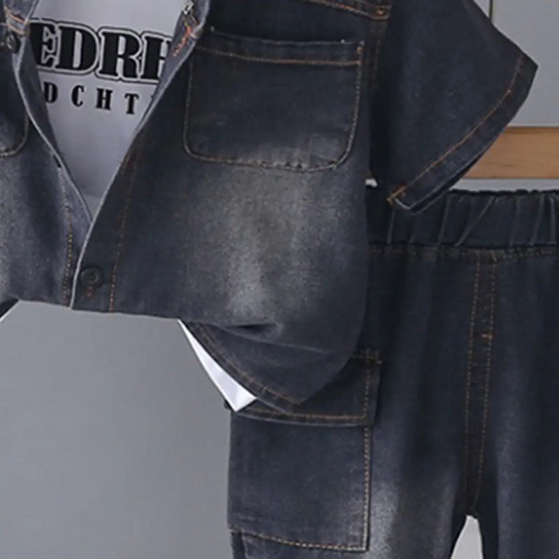 Boys Black Denim Shirt & Cargo Shorts With Printed T-Shirt Sets Sets