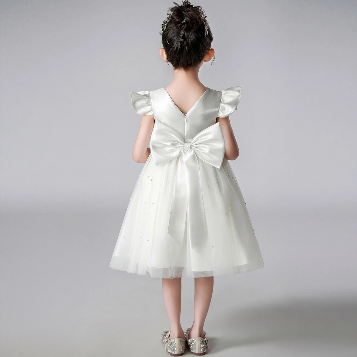 Girls Off White Pearl-Embellished Flutter Sleeve Fit & Flare Dress Casual Dresses