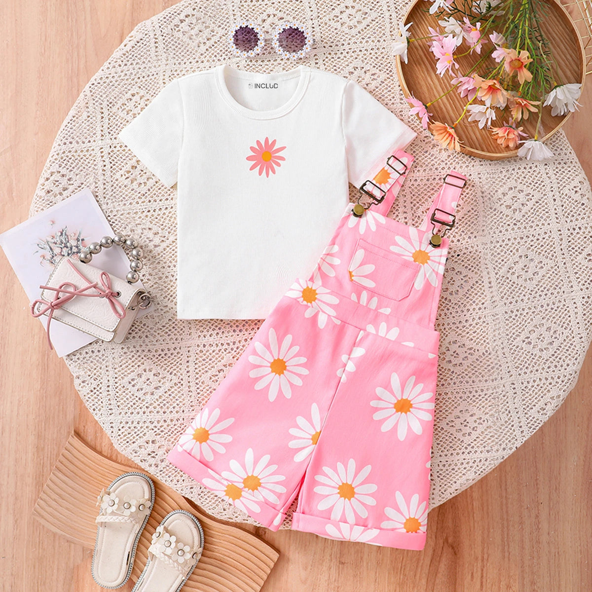 Girls Short Sleeve T-Shirt With Pink Floral Print Dungaree Sets 2 pc. Sets Pink 3-4 Y