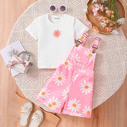 Girls Short Sleeve T-Shirt With Pink Floral Print Dungaree Sets 2 pc. Sets Pink 3-4 Y