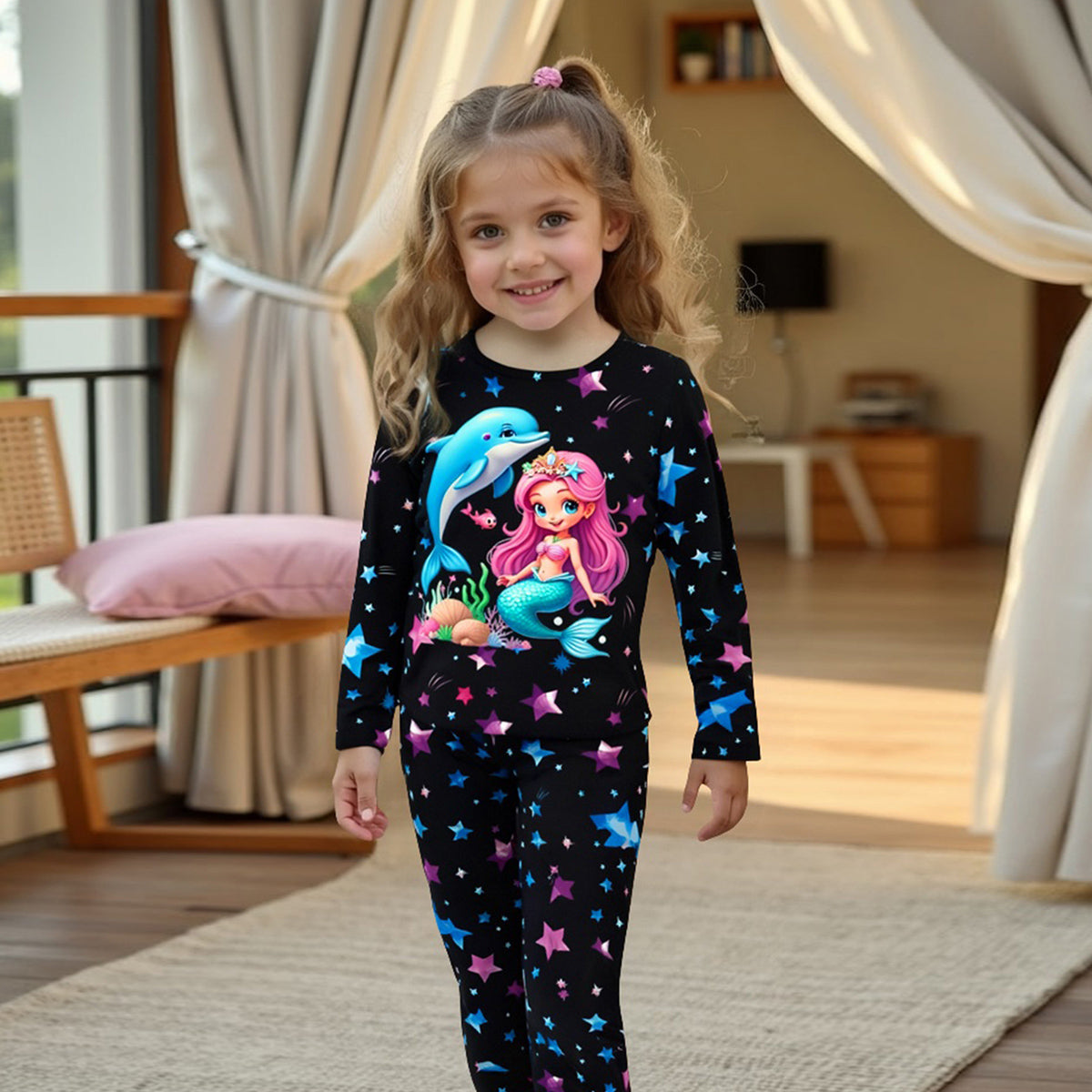 Girls Black Mermaid Printed Glow in the Dark T-Shirt With Pajama Winter Set 2 pc. Sets