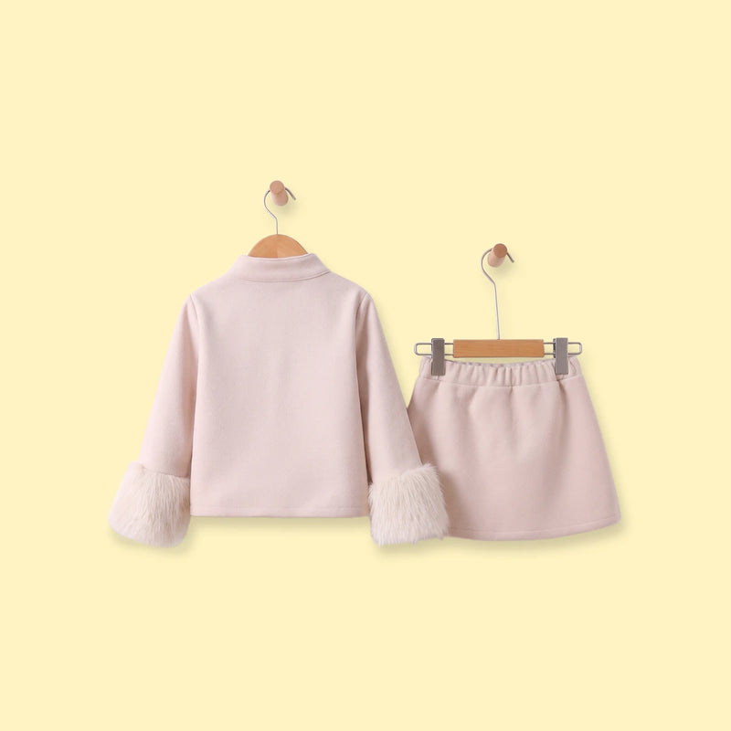 Girls Beige Bow Applique Shirt With Skirt Sets 2 pc. Sets