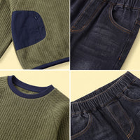 Boys Green Textured Sweatshirt With Denim Pants Sets Sets