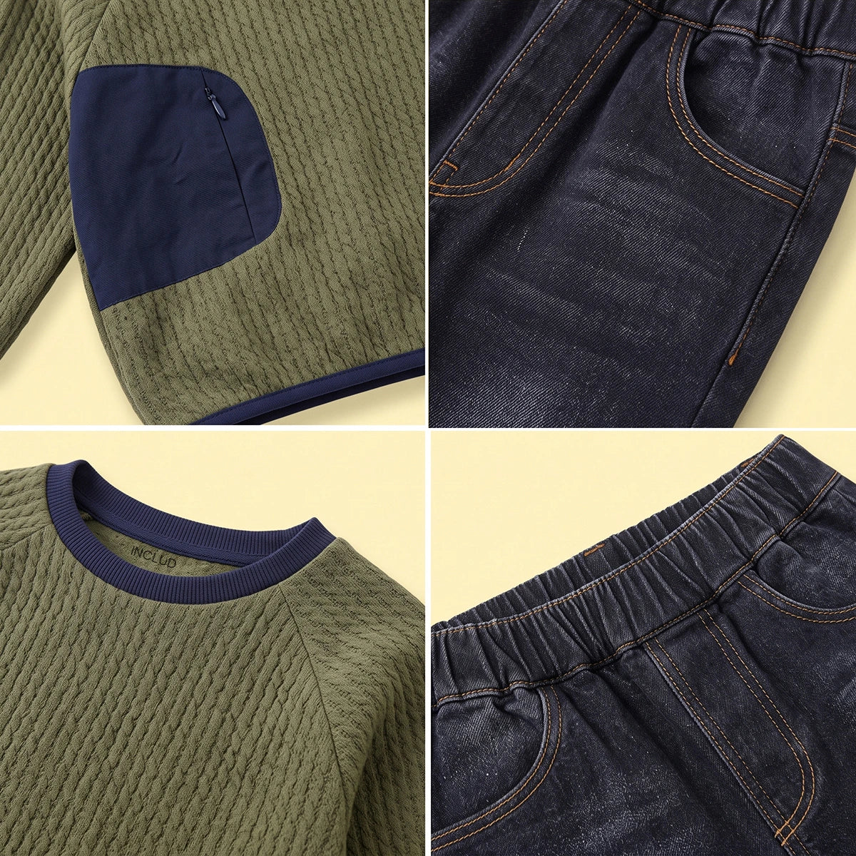 Boys Green Textured Sweatshirt With Denim Pants Sets Sets