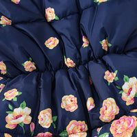 Girls Navy Blue Rose Printed Hooded Puffer Jacket Coats & Jackets
