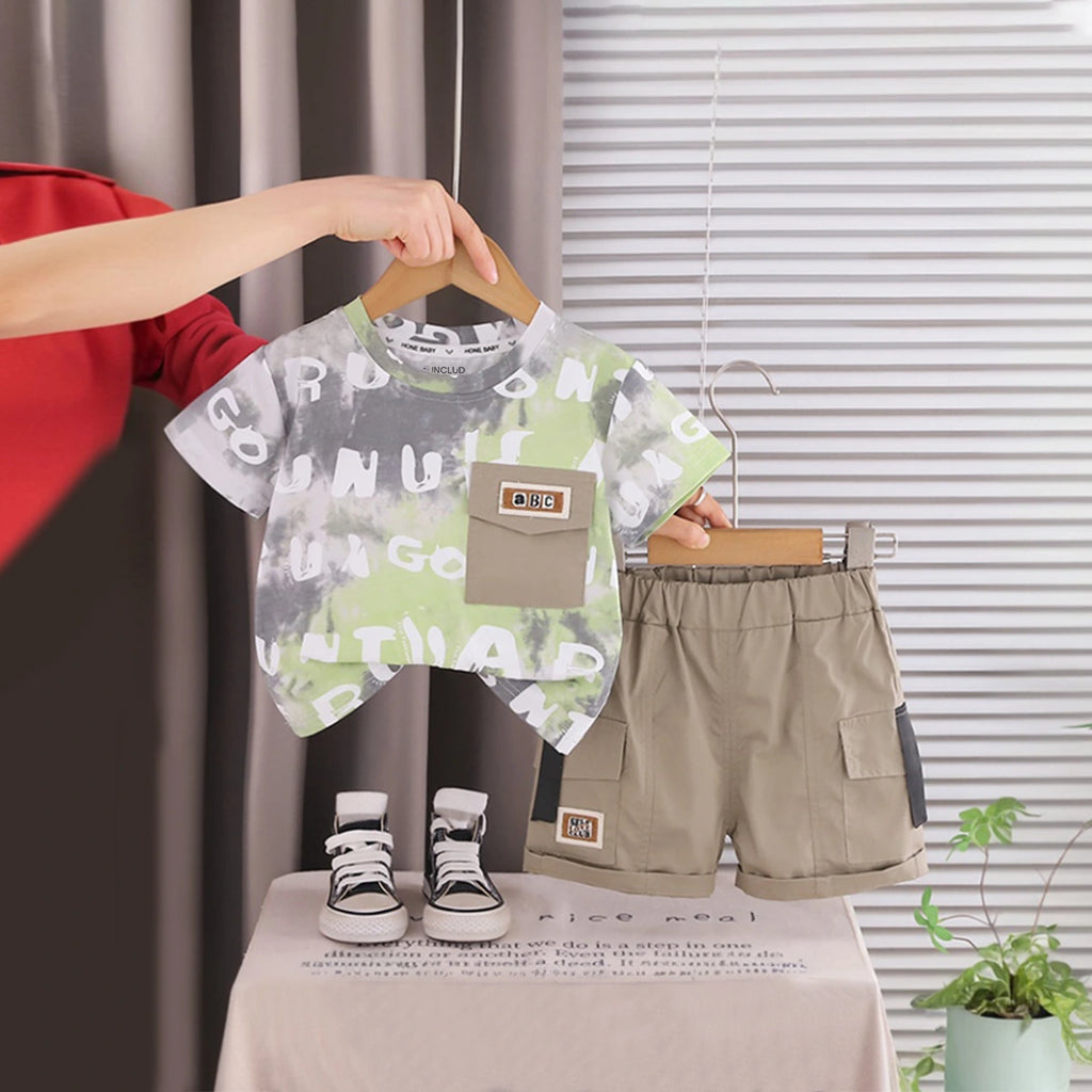 Boys Light Green Typographic Printed Short Sleeve T-Shirt With Elasticated Shorts Sets 2 pc. Sets Light Green 1-2 Y