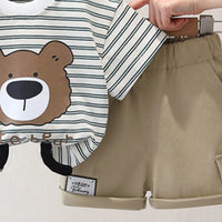 Boys Striped Bear Printed Short Sleeve T-Shirt With Beige Elasticated Shorts Sets 2 pc. Sets