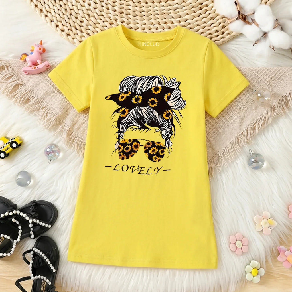 Girls Yellow Graphic Short Sleeve T-Shirt Dress Casual Dresses Yellow 4-5 Y