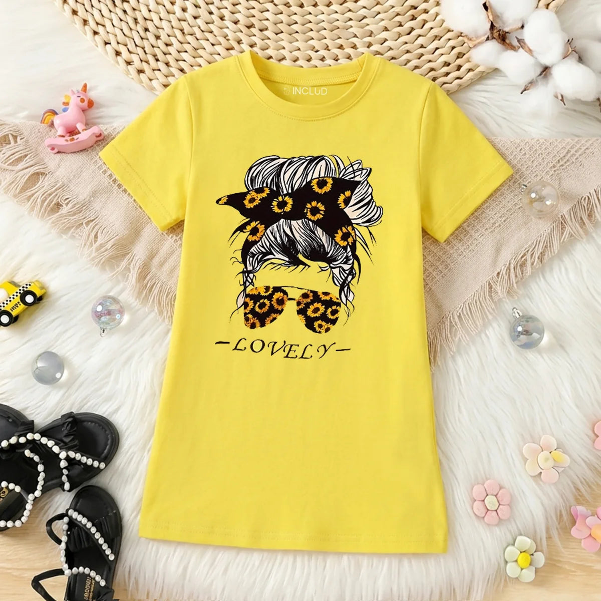 Girls Yellow Graphic Short Sleeve T-Shirt Dress Casual Dresses Yellow 4-5 Y