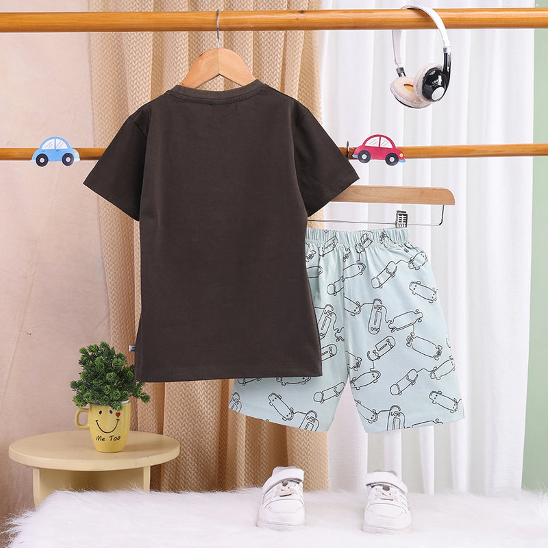 Boys Olive Typographic Printed T-Shirt With Elasticated Shorts Sets 2 pc. Sets