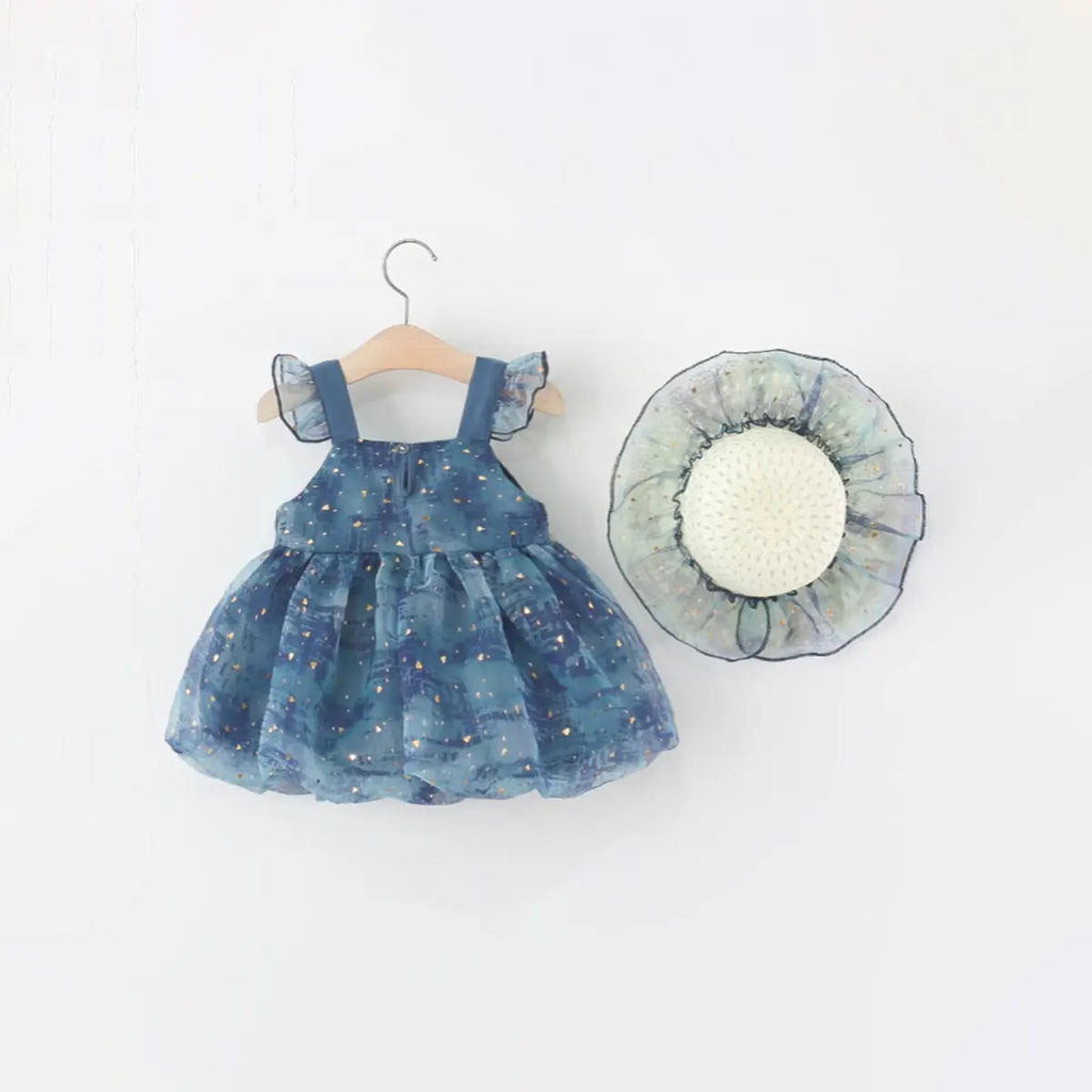 Girls Blue Printed Mesh Overlay Party Dresses With Matching Sun Hat Party Dresses