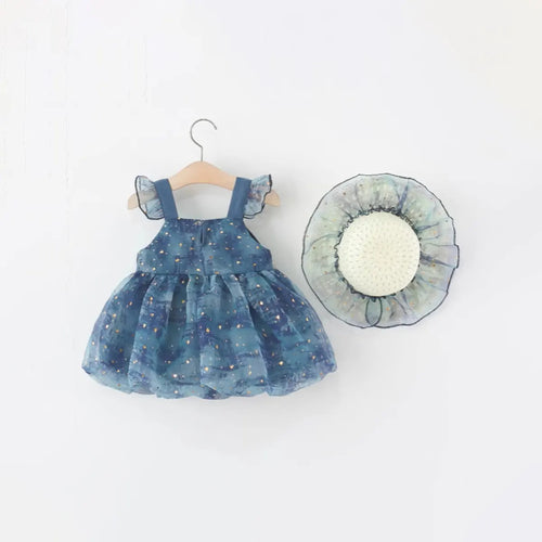 Girls Blue Printed Mesh Overlay Party Dresses With Matching Sun Hat Party Dresses