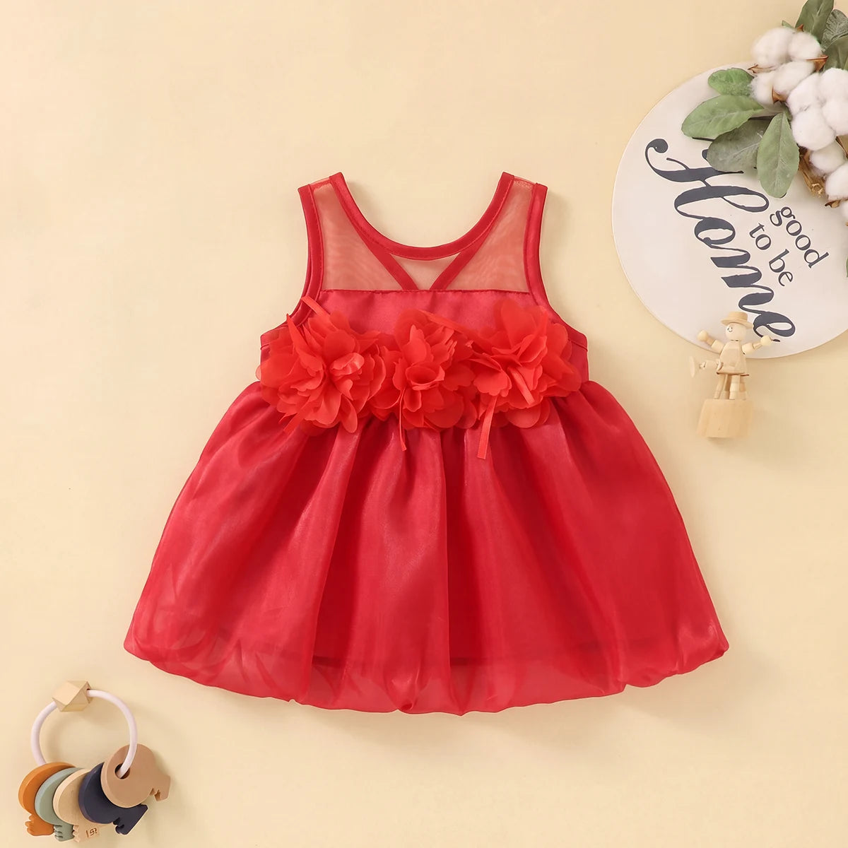 Girls Red Floral Applique Sleeveless Balloon Dress Party Dresses Red 1-2 Y