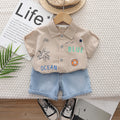 Boys Grey Blue Ocean Print Short Sleeve Shirt With Denim Shorts Set 2 pc. Sets Grey 1-2 Y