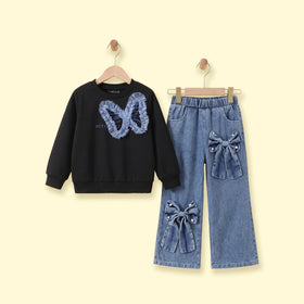 Girls Black Butterfly Long Sleeve Sweatshirt With Denim Pants Sets 2 pc. Sets Black 3-4 Y