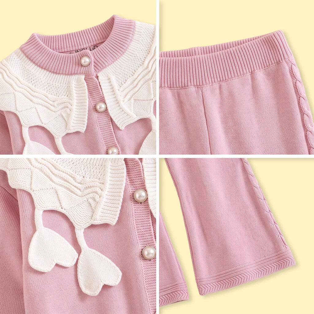 Girls Pink Long Sleeves Cardigan & Pants Sets Sets
