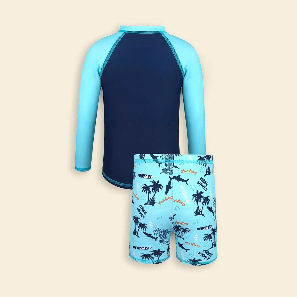 Boys Sky Blue Shark Printed Long Sleeves T-Shirt & Shorts Swimsuit Sets Sets