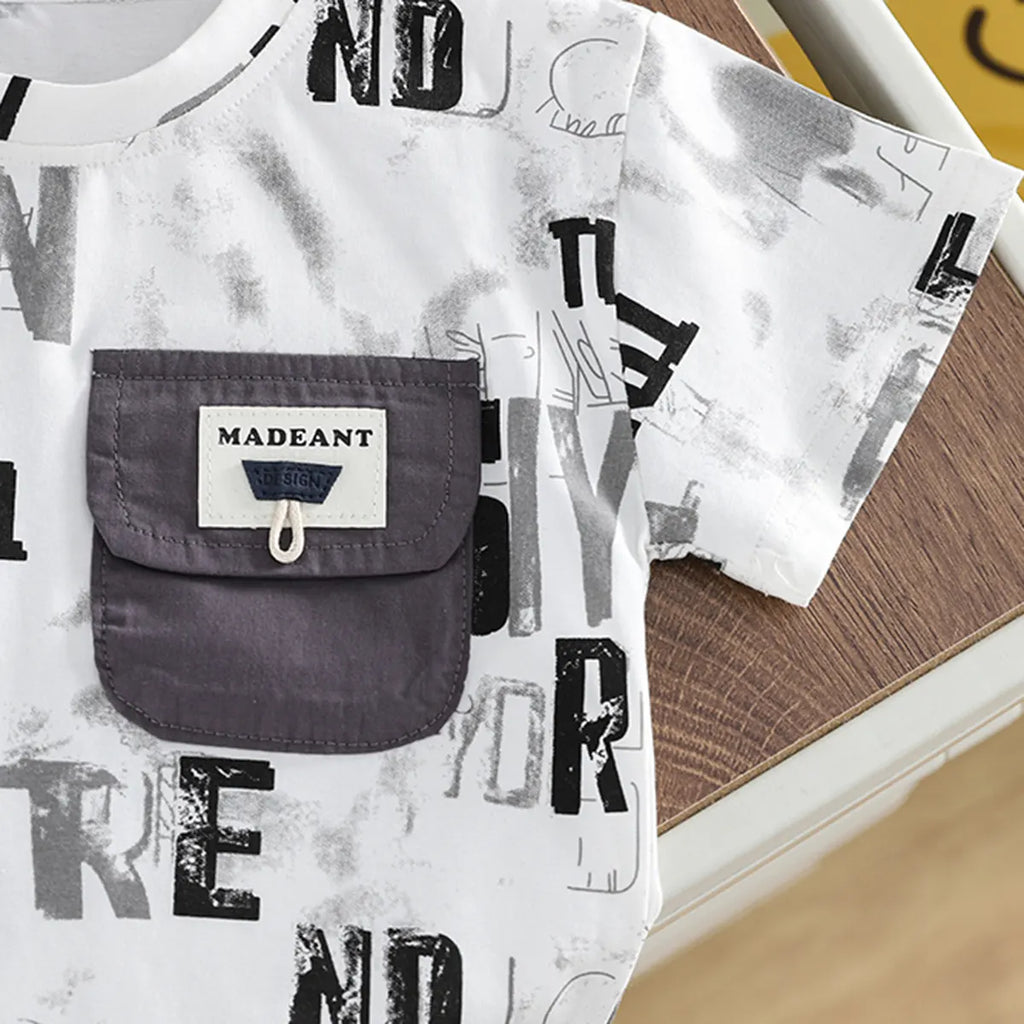 Boys White Typographic Print T-Shirt With Denim Shorts Set Sets