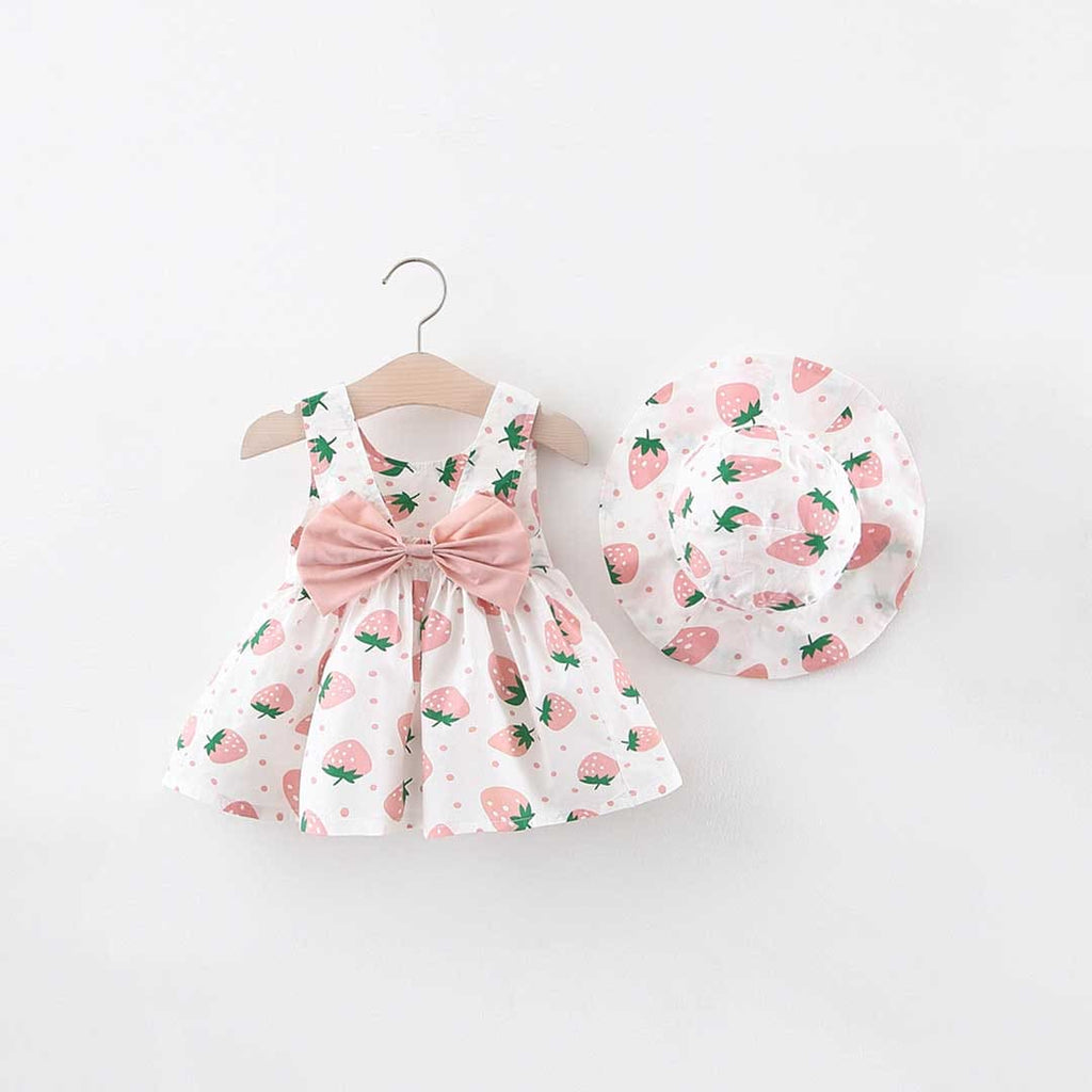 Girls Strawberry Print Casual Dress with Hat