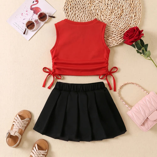 Girls Red Sleeveless Ruched Top With Pleated Skirt Sets 2 pc. Sets