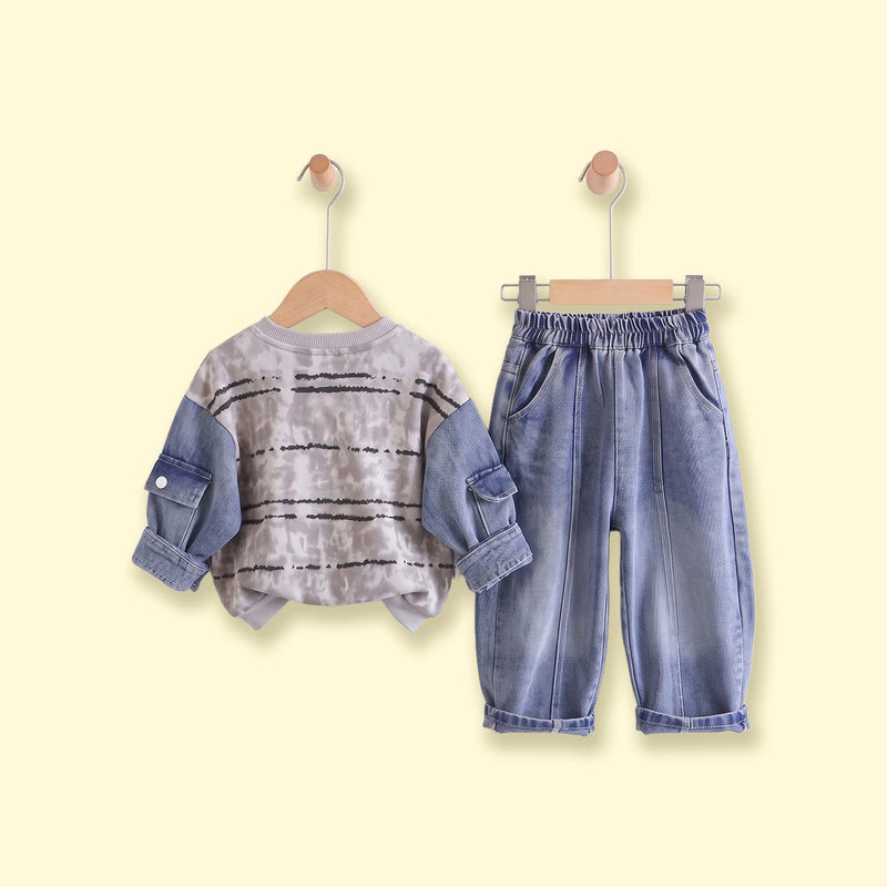 Boys Grey Striped Sweatshirt With Denim Pants Sets 2 pc. Sets