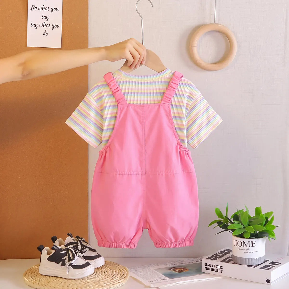 Girls Pink Toy Applique Dungaree With Short Sleeve Stripes T-Shirt Sets 2 pc. Sets