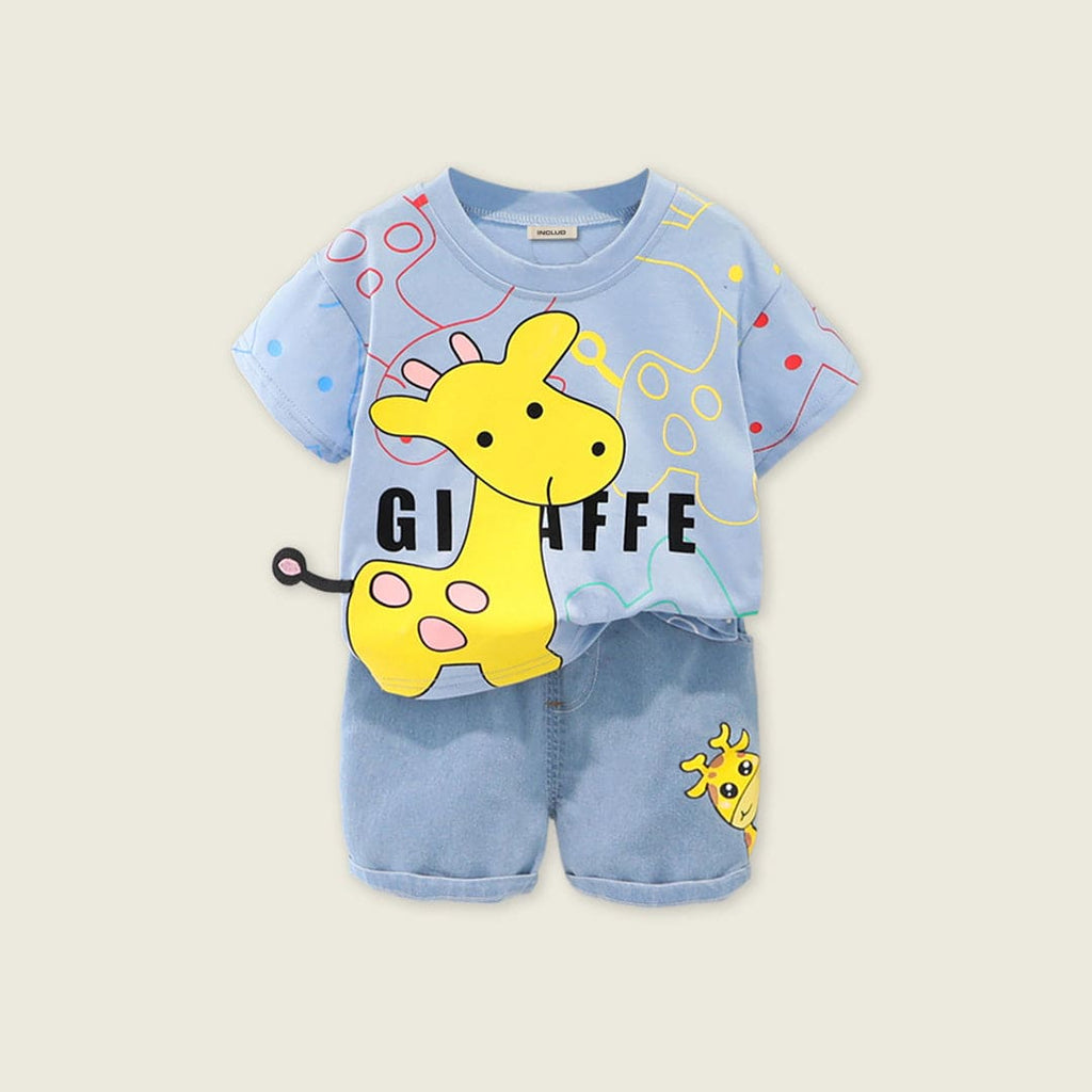 Boys Light Blue Giraffe Graphic T-Shirt With Denim Shorts Sets Light Blue 1-2 Y 