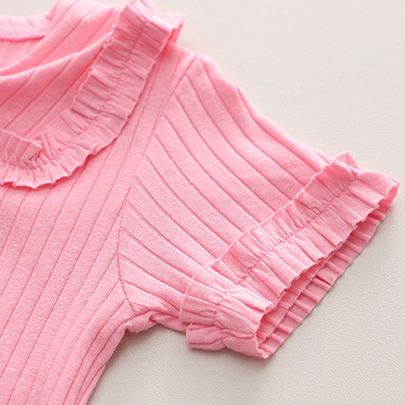 Girls Pink Self Striped Knitted Top With Printed Pant Set 2 pc. Sets