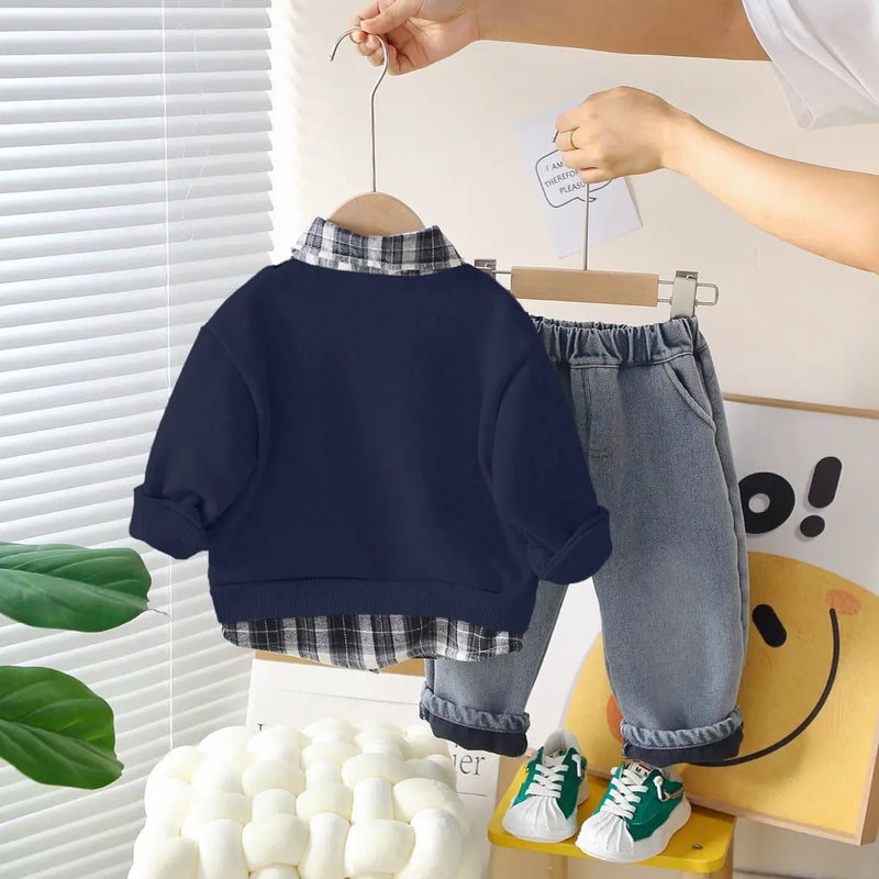 Boys Navy Blue Checked Regular Sweatshirt With Denim Trouser Sets 2 pc. Sets