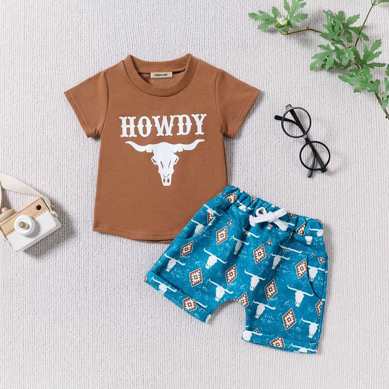 Boys Bull Head Printed T-Shirt With Printed Shorts Set Sets Brown 1-2 Y 