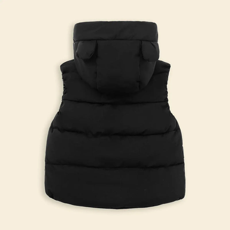 Girls Black Sleeveless Bear Ear On Hood Quilted Zip-up Jacket Coats & Jackets