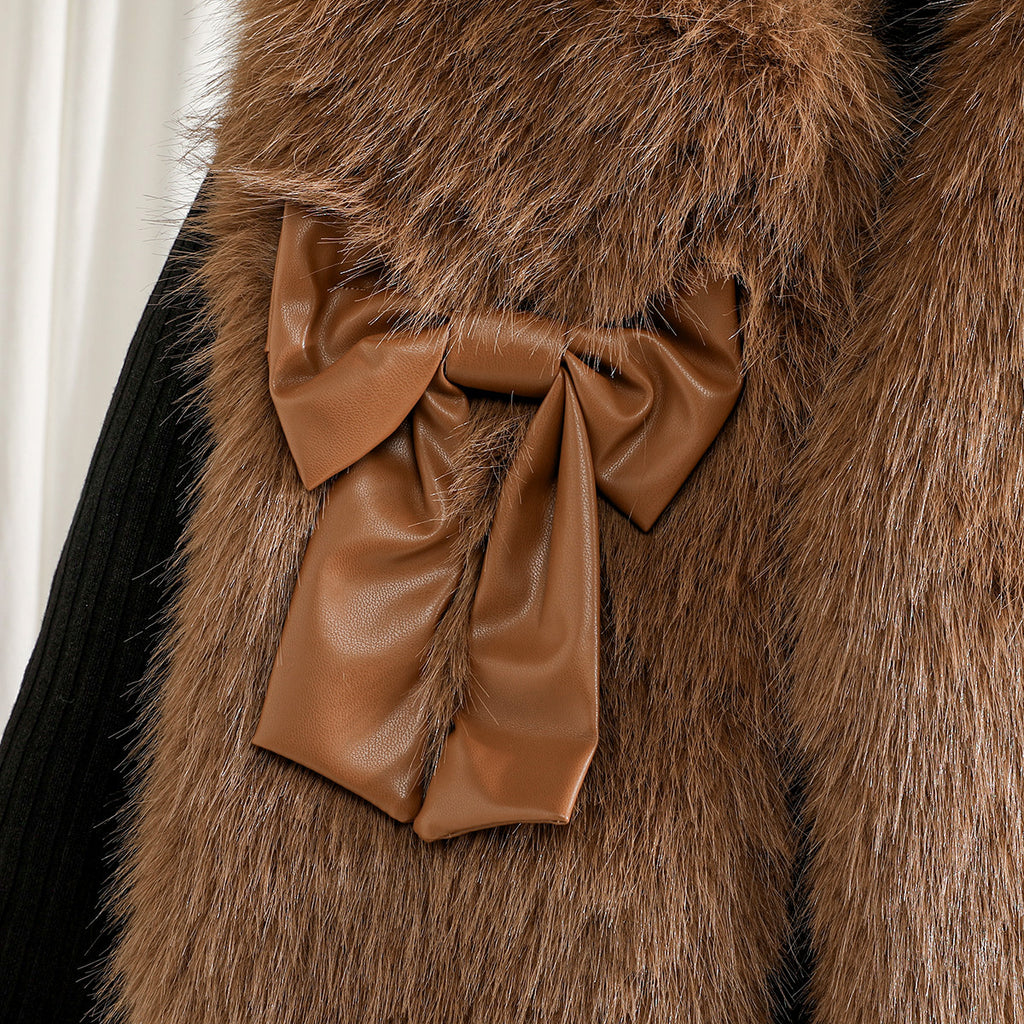 Girls Brown Skiwi with Faur Fur Jacket & PU Flared Skirt Set Sets