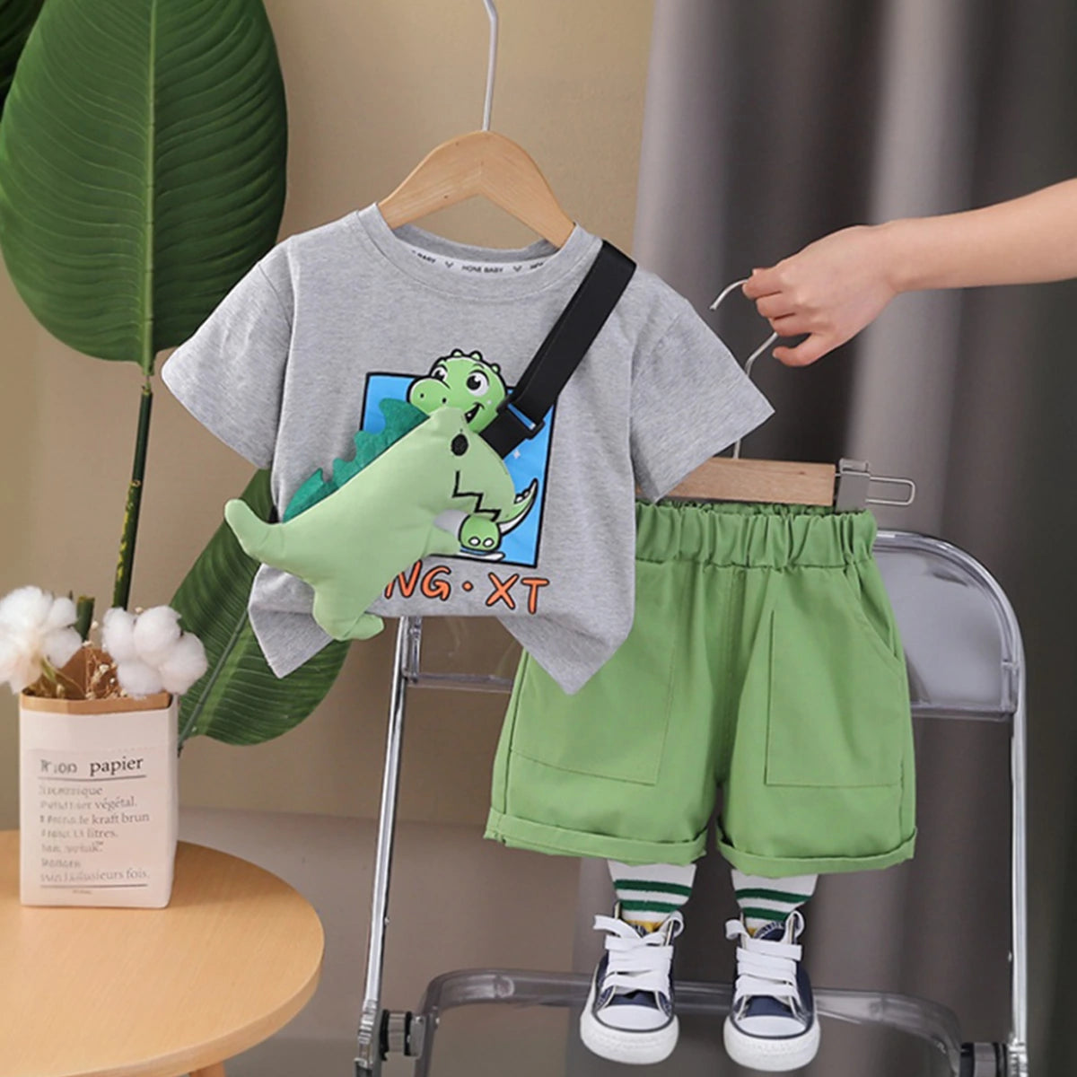 Boys Light Grey Dinosaur Graphic Short Sleeve T-Shirt With Shorts Sets 2 pc. Sets Light Grey 1-2 Y