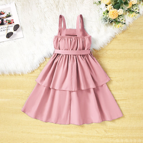 Girls Pink Sleeveless Shoulder Strap Ruffles Dress Casual Dresses