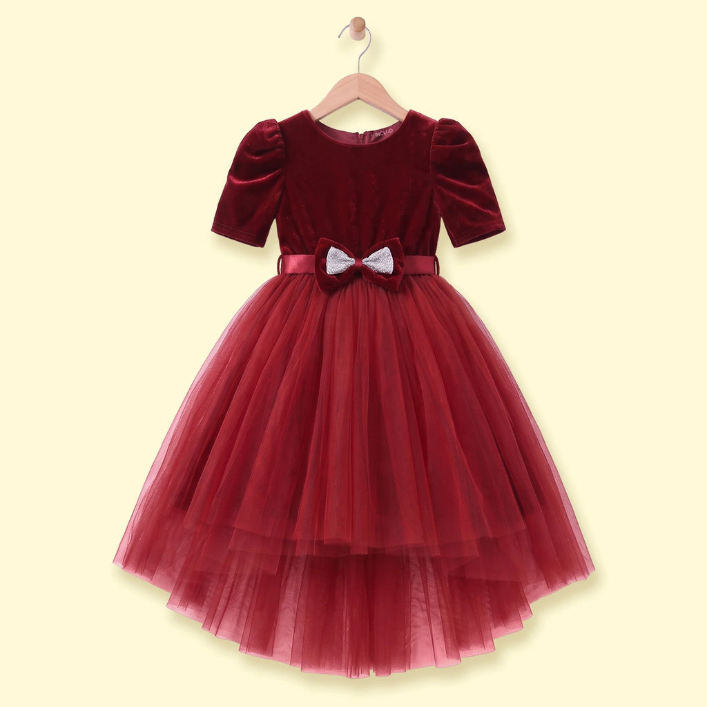 Girls Maroon Puff Sleeve High-Low Party Dress Party Dresses Maroon 1-2 Y