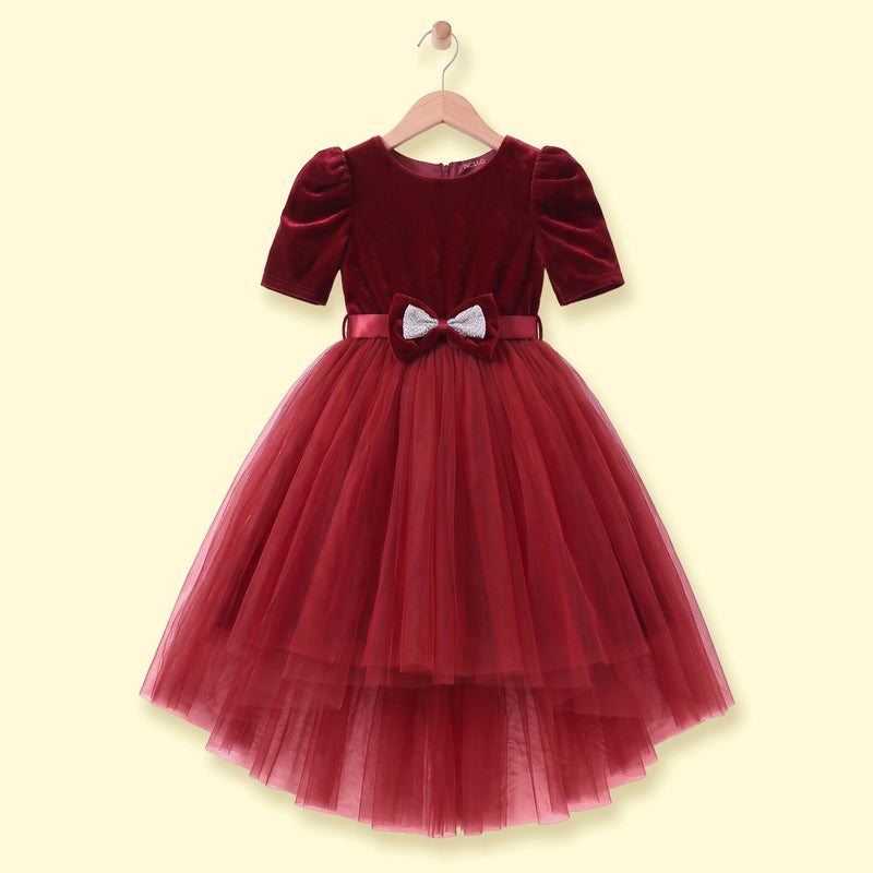 Girls Maroon Puff Sleeve High-Low Party Dress Party Dresses Maroon 1-2 Y