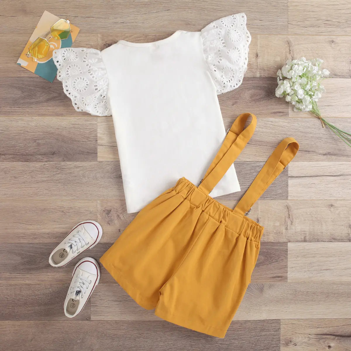 Girls Schiffli Flutter Sleeves Top With Mustard Suspenders Skorts Sets Sets