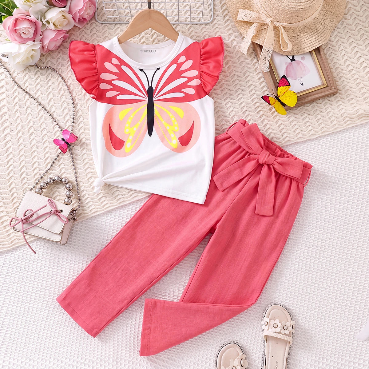 Girls White Round Neck Butterfly Print T-Shirt With Pants Sets 2 pc. Sets White 3-4 Y