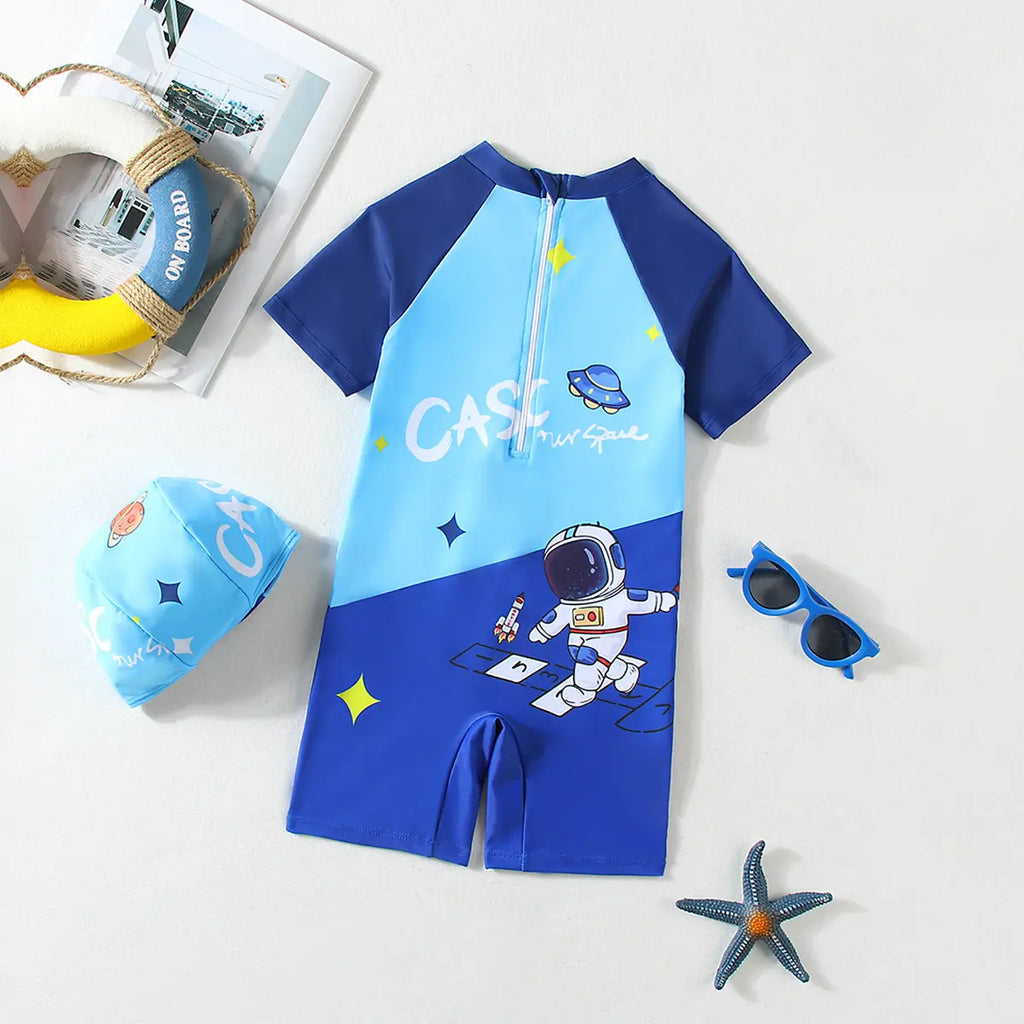 Boys Blue Space Themed Swimwear Bodysuit With Swim Cap Beachwear