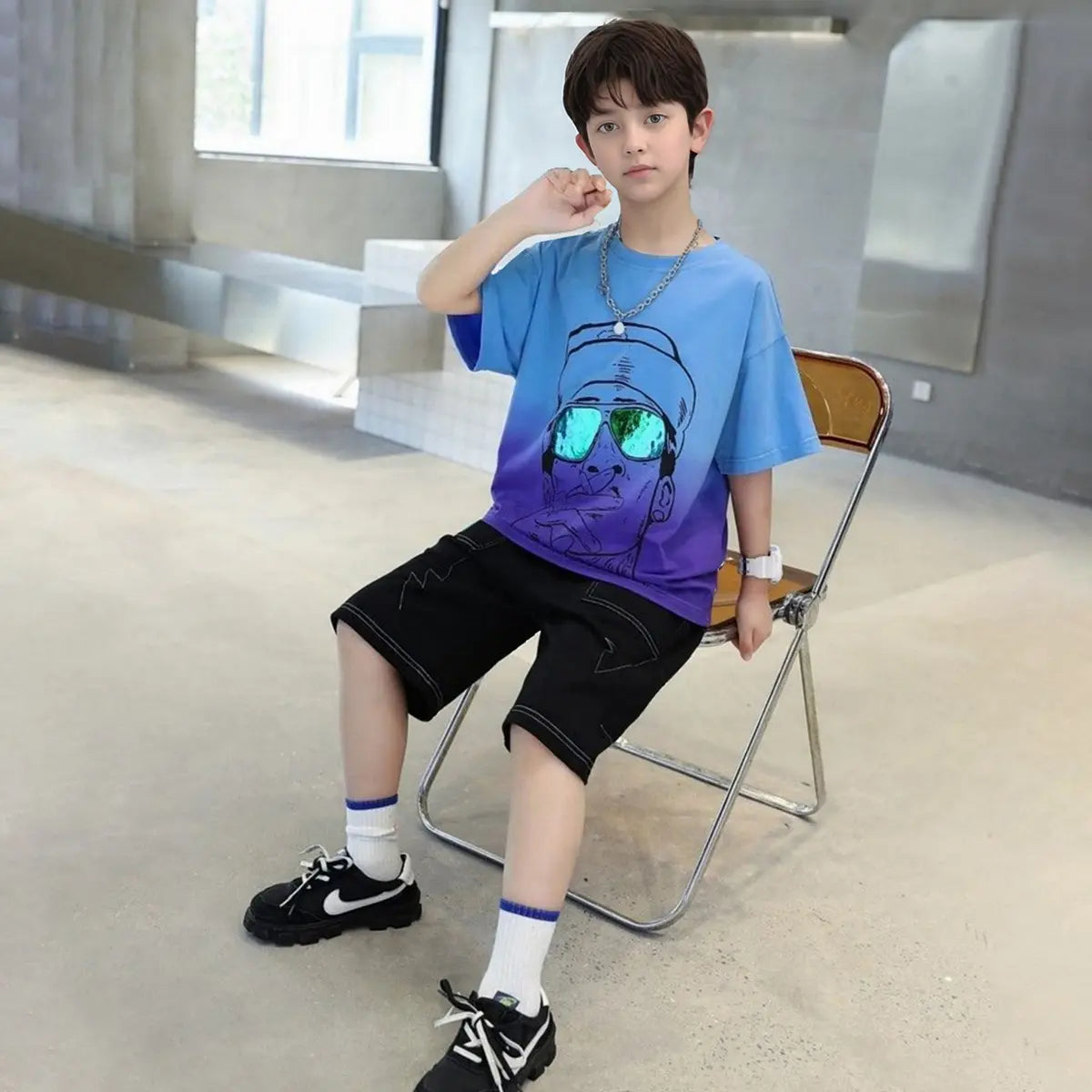 Boys Blue Graphics Short Sleeves T-Shirt With Shorts Set Sets