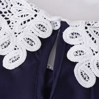 Girls Navy Blue Solid Lace Neck Long Sleeves Fit & Flare Midi Dress Casual Dresses