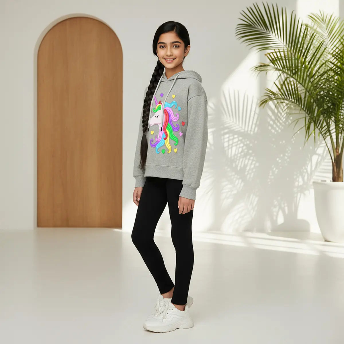 Girls Grey Unicorn Heart Graphics Hoodie Sweatshirt Sweatshirts & Hoodies