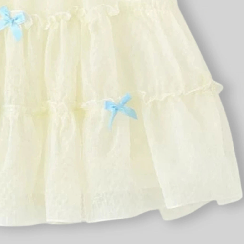 Girls Beige Bow Applique Tiered A-line Dress Casual Dresses